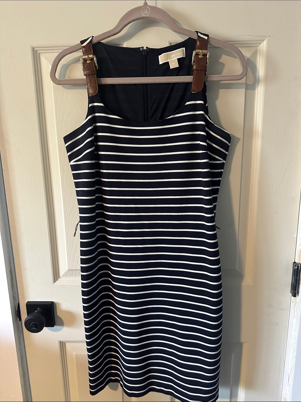 Striped Navy and White Sleeveless Dress with Buckle Straps